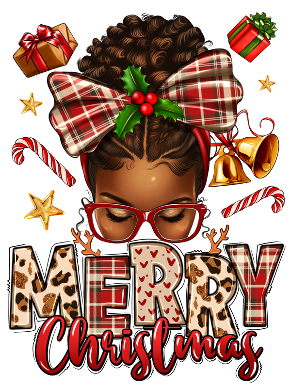 Merry Christmas Afro Messy Bun DTF Print